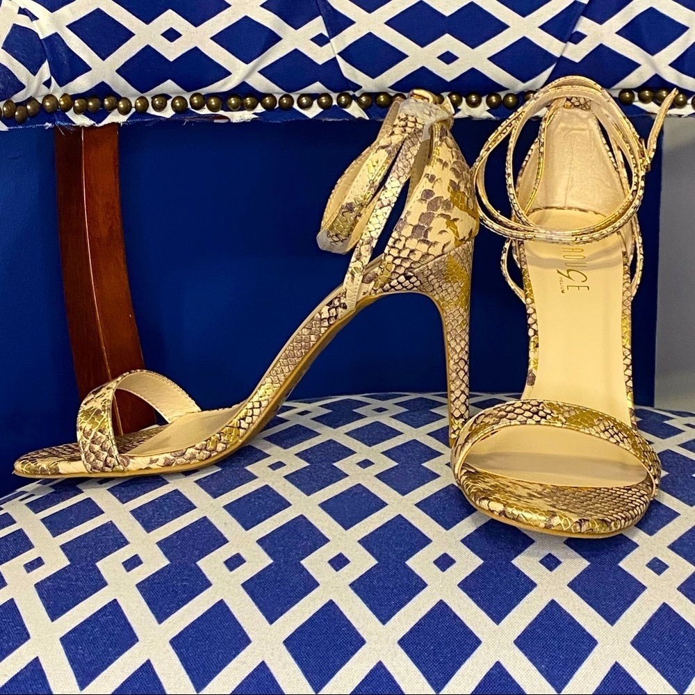 Gold multi snake metallic single ankle strap high heel sandals